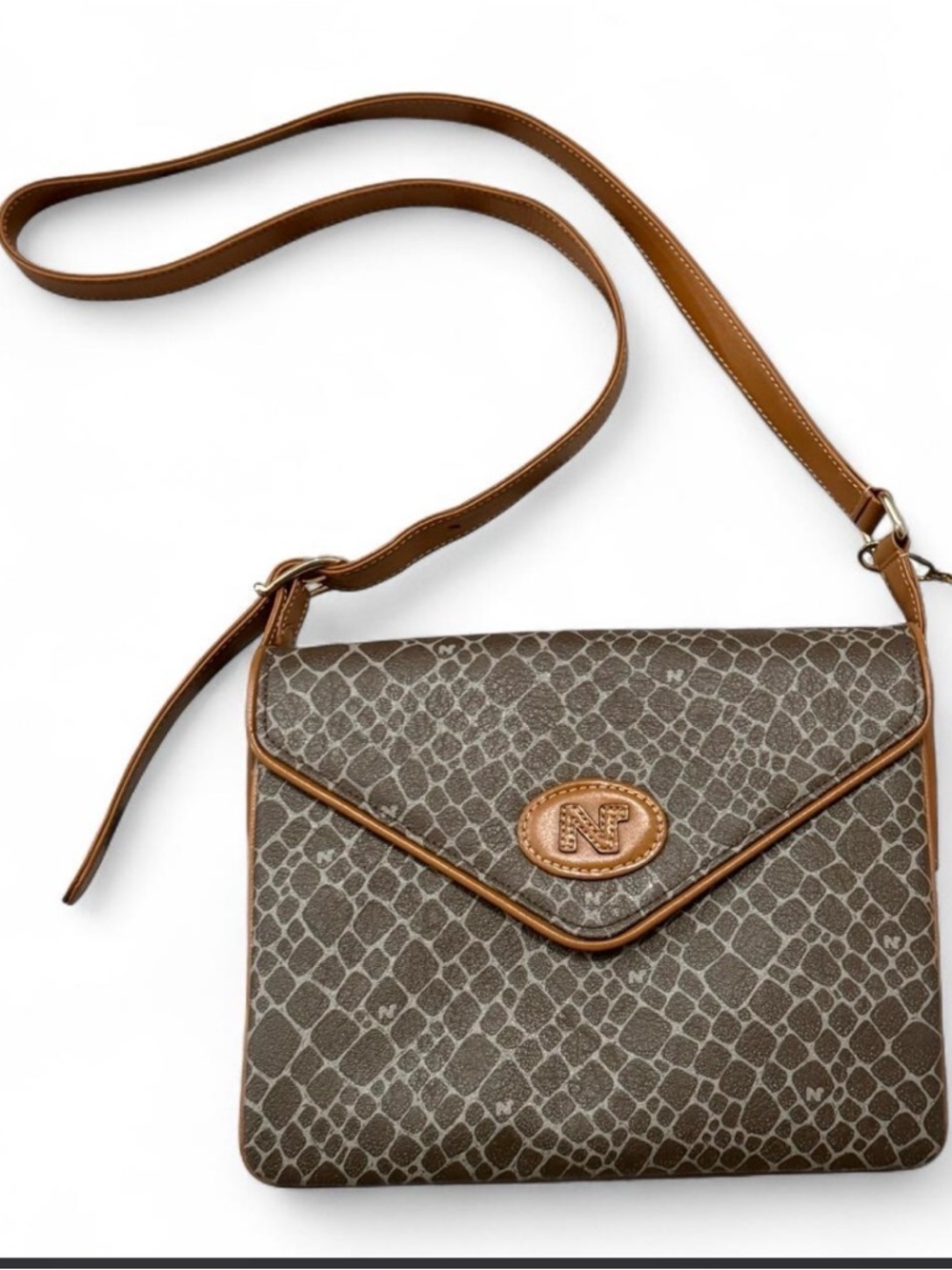 Nina Ricci Vintage Neutral Brown Patterned Crossbody Bag with Leather Trim